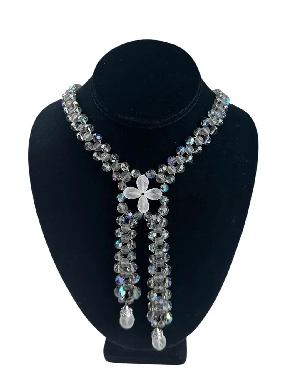 Vintage Signed Swarovski AB Crystal Lariat Necklace Frosted Flower Y Drop Rare